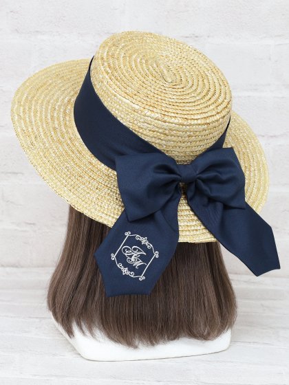モノグラム刺繡入りリボンカンカン帽 モノグラム刺繡入りリボンカンカン帽